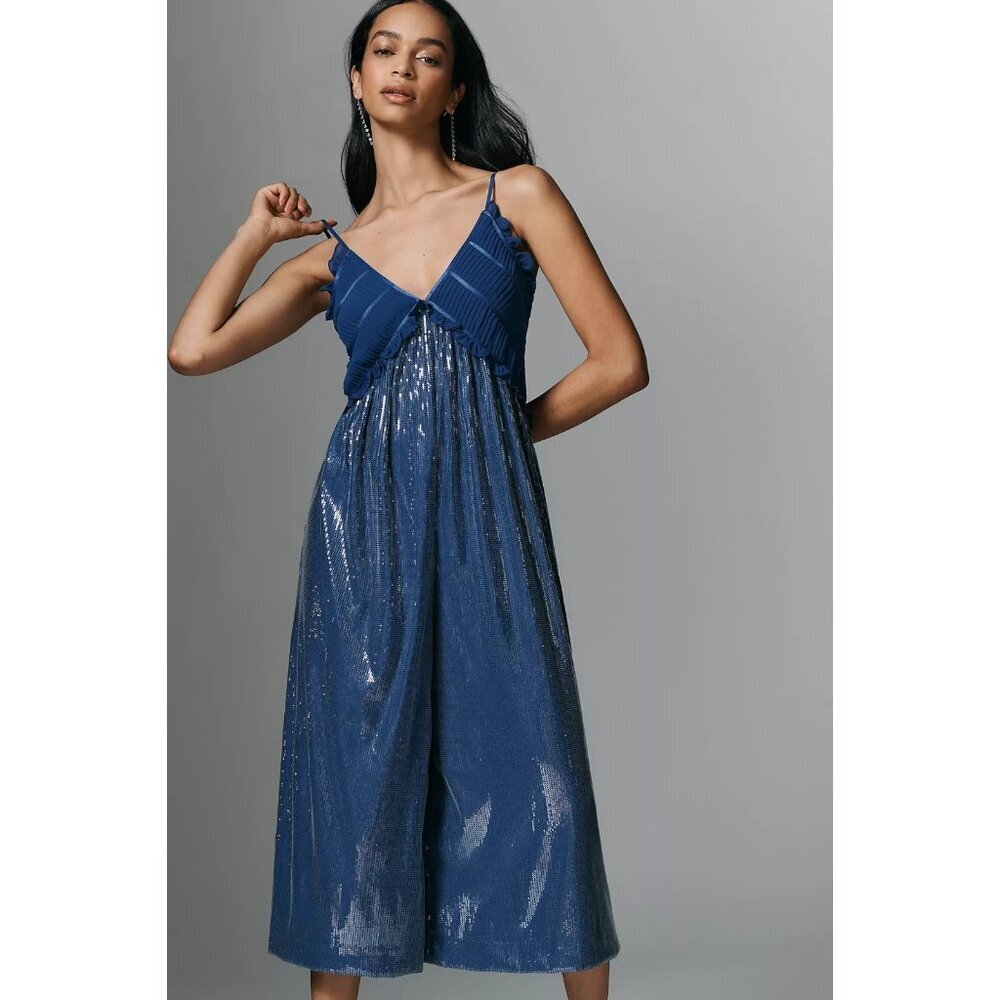 Maeve Fluid Shine Sequin Ruffle Crop Jumpsuit Blue M
